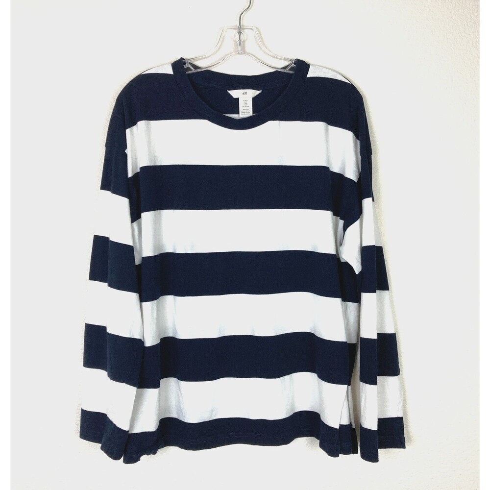 H & M Crew Neck Shirt Size M Blue White Stripes 100% Cotton Relaxed Fit